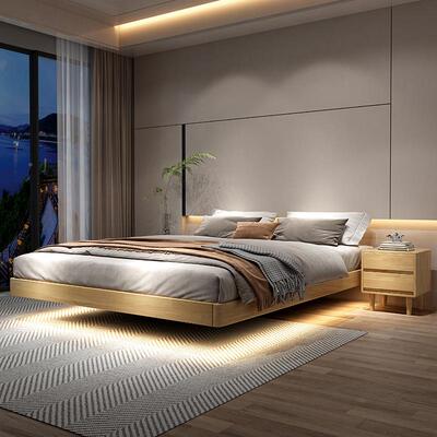 日式主无床头榻24616榻米床现代木悬浮床带灯北欧实木1实米8床卧
