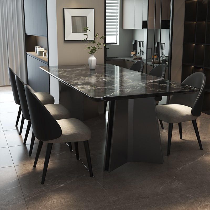 小户型意式极简纯黑色大理石长方形餐桌椅组合家用现代.简约饭桌