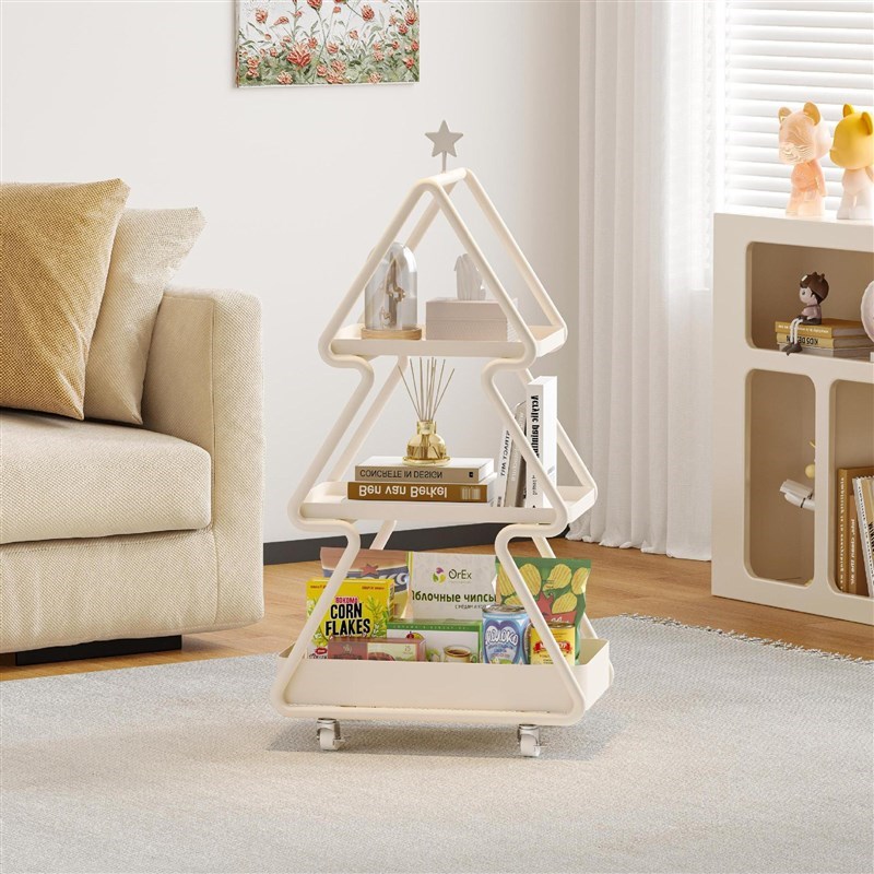 奶油风圣诞树小推车创意客厅收纳落地摆件置物架床头X带Y轮多层书