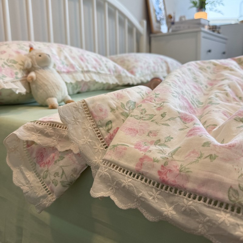 少女心全棉双层纱k花边款夏凉被小碎花软被子空调被四件套夏季夏