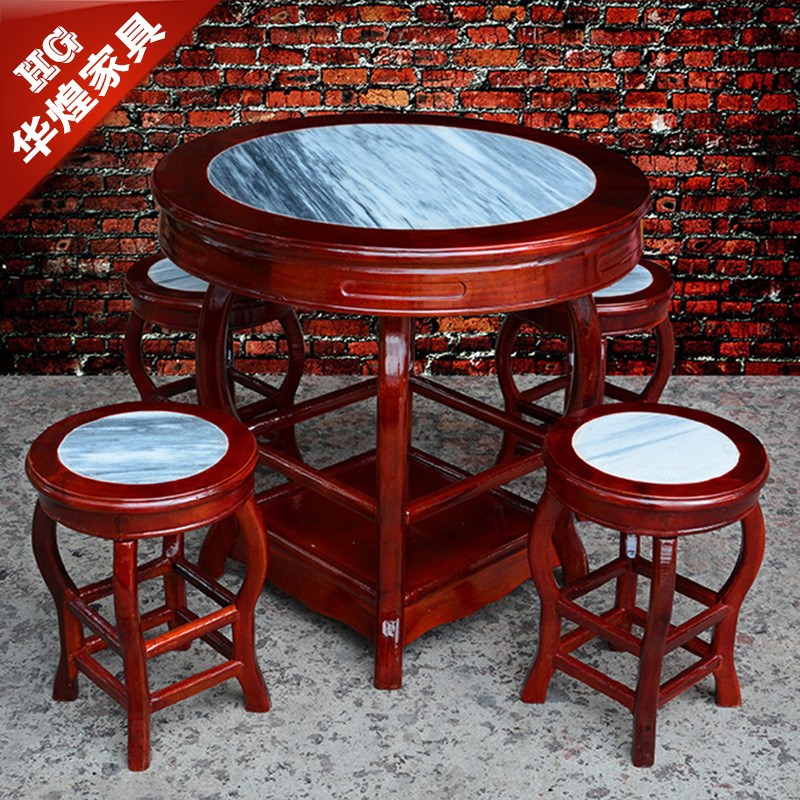 仿古实木面馆早餐小吃店桌椅快餐桌E大理石圆形商用饭店圆桌子组