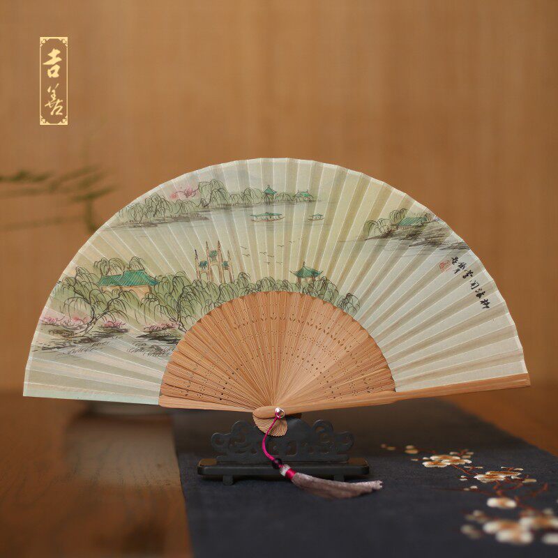 吉善扇子6寸真丝女式折扇手绘女扇出国礼品扇杭州丝绸扇绢扇竹扇