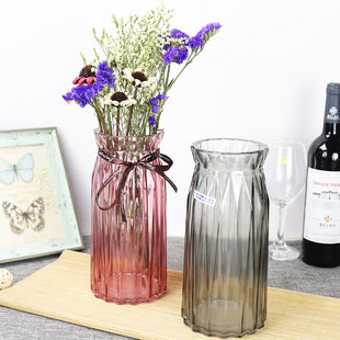 欧式 竖棱透明加厚玻璃插花瓶客厅水培鲜花容器摆件创意干花瓶P552