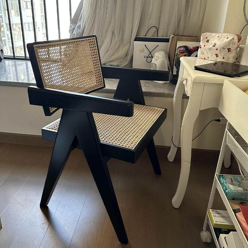昌迪加尔椅家用藤编餐椅原木扶手椅侘寂风实木休闲椅设计简约现代