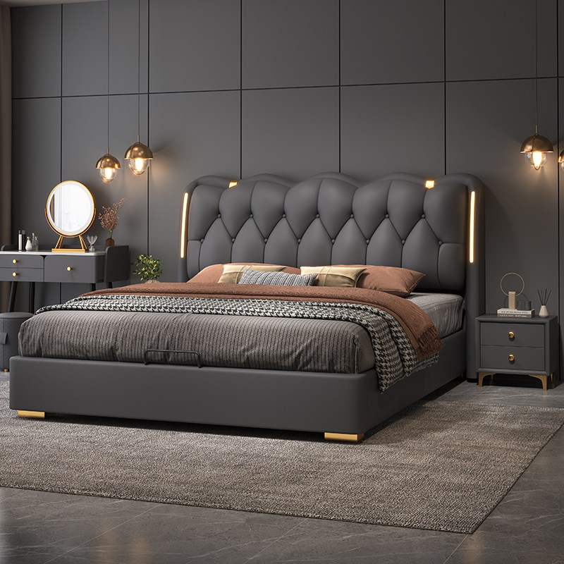 意式真皮床主卧2米xn2米2大床现代简约1.8米软包皮艺实木储物婚床