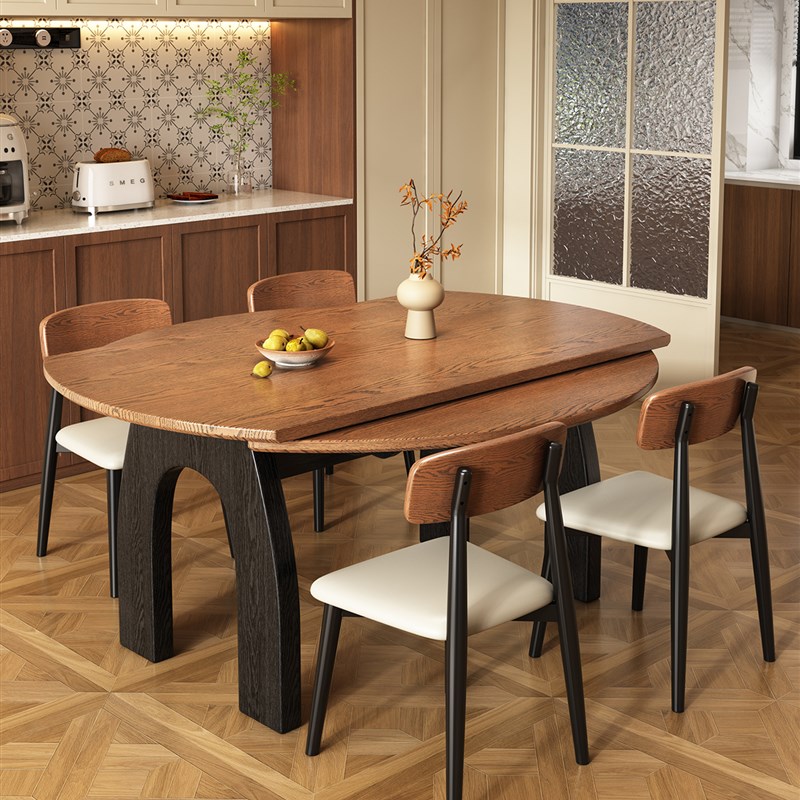 法式覆古实木岩板餐桌覆古客厅家用小户型伸缩折叠可W变圆吃饭桌