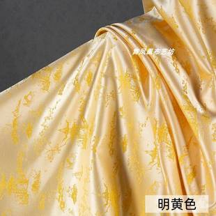 黄山水画亭色小船织台山水亭-锦缎花面料光泽提垂顺抗皱中式服装