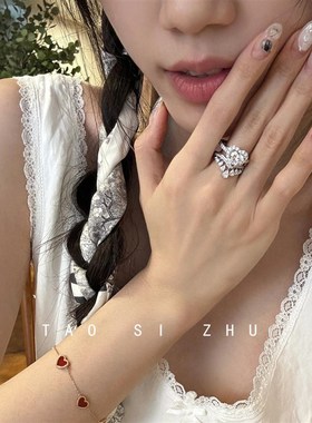 如蝶在野 超闪心形锆石V钻王冠锆石轻H奢高级感戒指开口戒女生礼