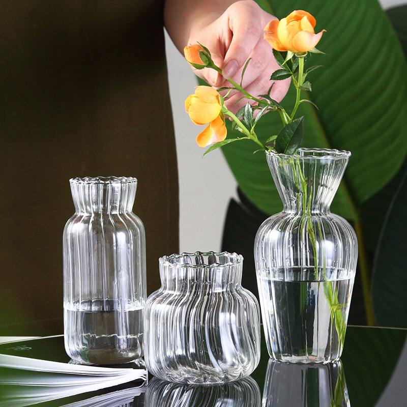 复古日式小清新h法式水培透明玻璃花瓶迷你干花鲜花小花器桌面摆