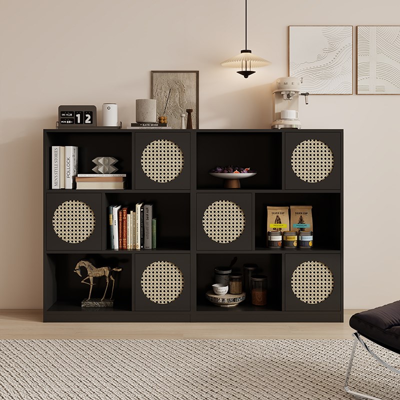 实木中古风书柜储物柜一体客厅落地边柜墙柜组合柜U置物架藤编书