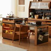 美0胡桃木岛餐桌小一体多功能北家用户型实木可伸缩吧台岩板餐台