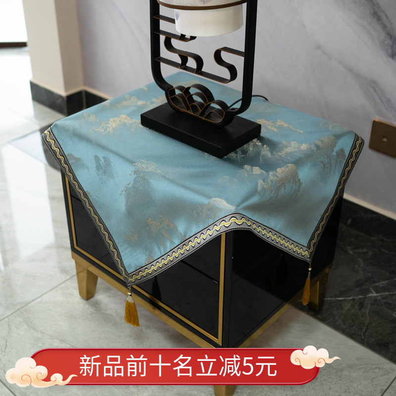 桌布轻奢高e级感盖布小圆方桌中式灰蓝色防尘布保险柜罩床头柜盖
