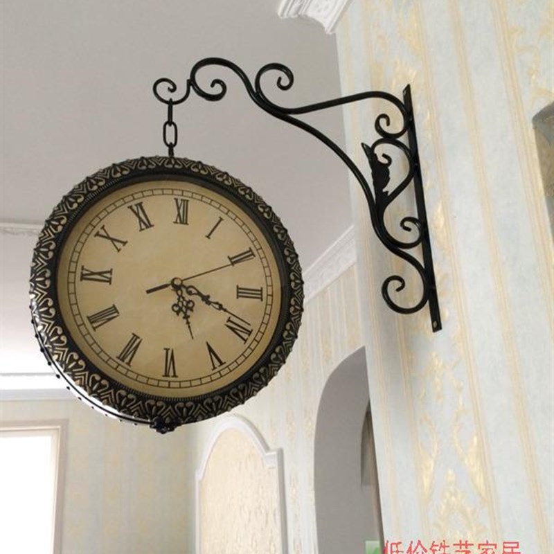 包邮欧式铁艺挂钟.n田园铁艺双面.客厅静音钟表.壁挂太阳机芯挂钟