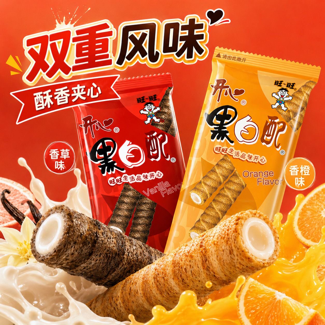旺旺黑白配约33g*12包香草味夹心饼干办公室零食注心卷独立包装