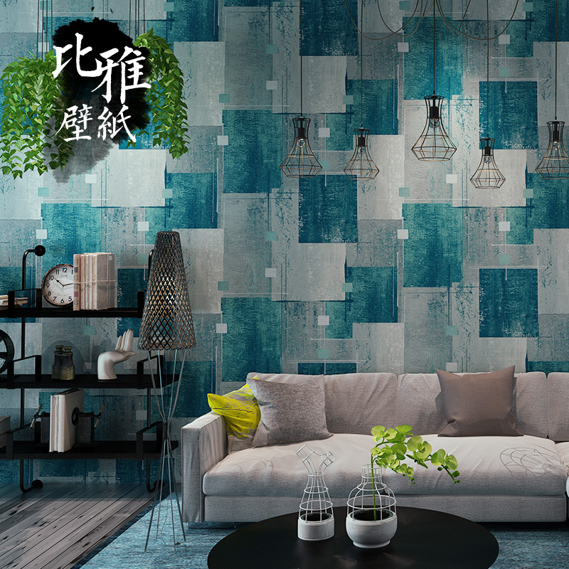 复古水泥灰色几何格m子蓝色墙纸北欧客厅卧室餐厅背景墙工业风壁