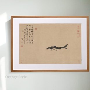 桔子格调 游鱼图 八大山人朱耷中式日式原木挂画客厅背景墙装饰画