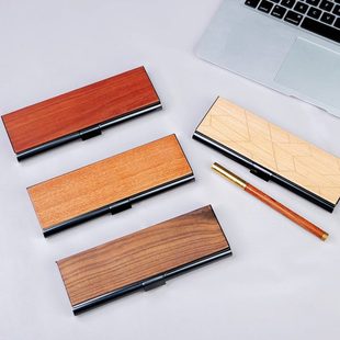 笔盒商务定制logo实木不锈钢文艺复古简约收纳创意礼物钢笔文具盒