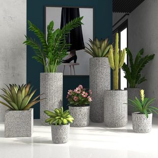 北欧大型玻璃钢组合花盆商场酒店花瓶室内户外落地装饰仿石头花箱