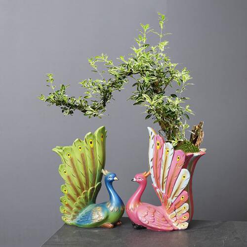 创意树脂孔雀文竹花盆花器客厅桌面办公桌装饰品可爱生日礼物摆件