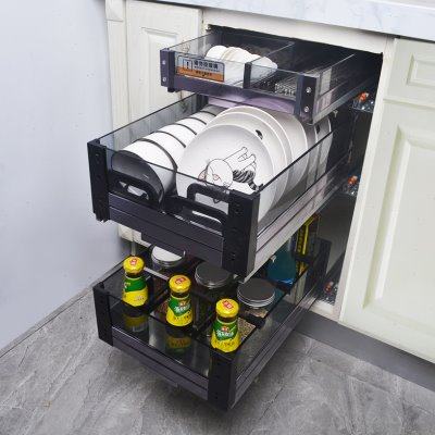 厨房橱柜抽拉式调味拉篮玻璃两三层收纳工具篮碗盘锅餐具分隔置架,家装主材,拉篮,淘宝优惠券,粉丝福利购,淘宝优惠卷