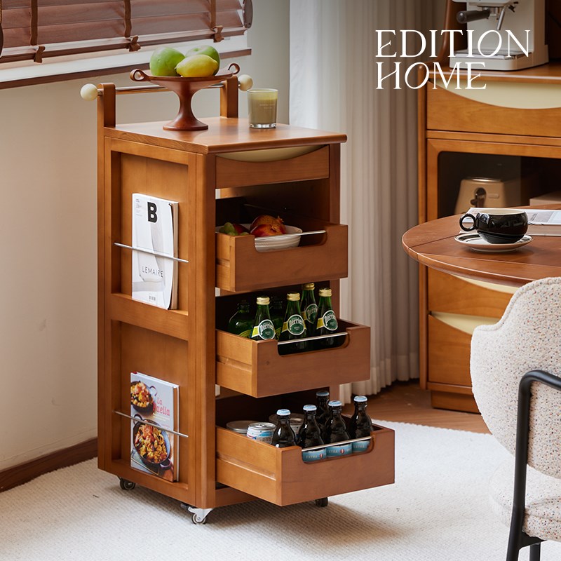 弦月移动边柜中古风小推车木质边几家用复古Q角几客厅餐厅收纳柜