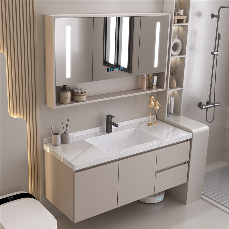 浴室柜组合岩板无缝盆轻奢智能洗手盆洗漱台洗脸T池卫生间可定制