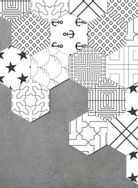 魅集新黑条白艺LB-015术水线地贴卧室浴室防款耐磨墙贴六边形瓷砖