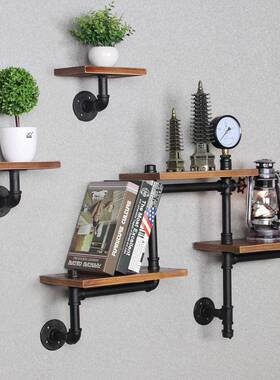 美水管铁饰艺实木壁架客厅复一字隔板收纳架古工业风墙面式98135