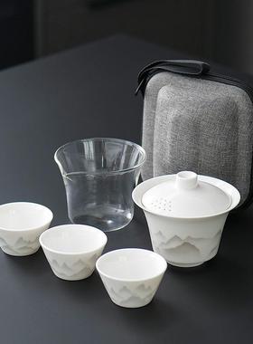 中国白瓷快19591客旅档行茶具户外便式套装一携壶三杯高陶盖碗泡