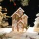 圣诞木木质发光景雪房子小502木欧屋摆雪件式 复古原木屋小雪屋装