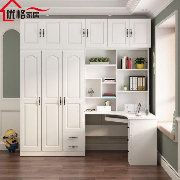 新款实木松木白色转角书桌衣柜一体组合拐弯书架加顶柜儿童写字桌