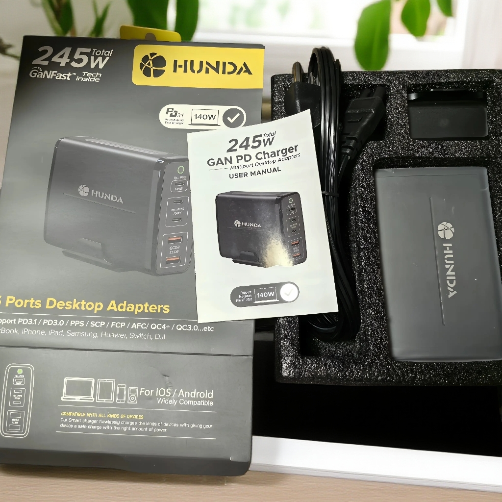 hunda氮化镓245w五口充电头pd3.1版本适用于笔记本平板手机和智能穿戴设备