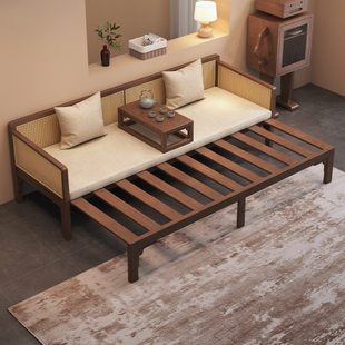 实木推拉罗汉床新中式藤编双人沙发中古风客厅小户型伸缩两用床榻