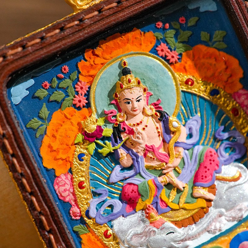 唐卡吊坠不动明王五爷文殊菩萨立体彩绘手工皮壳扎基拉姆唐卡吊坠
