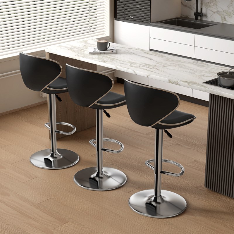 皮质转轮吧台椅升降铁艺靠背酒吧椅前台黑白纯色酒吧圆盘高脚椅子