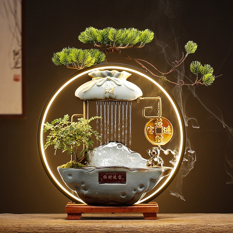 招财流水摆件水车循环水客厅生财创意家居装饰办公室桌面开业礼品