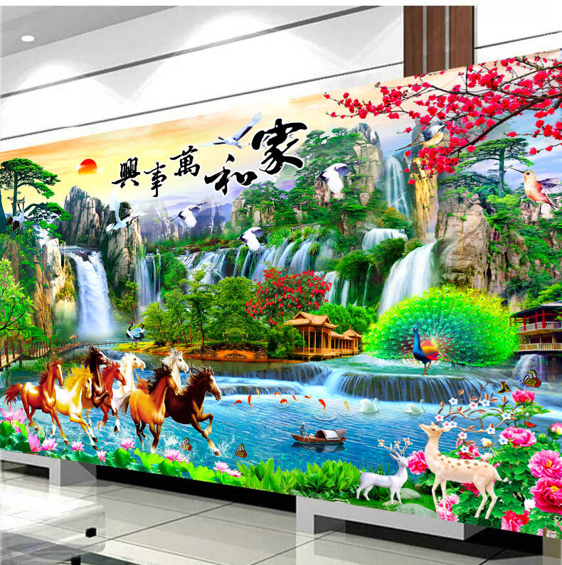 家和万事兴十字绣2023新款线绣八骏图客厅大幅中式风景画手工满绣