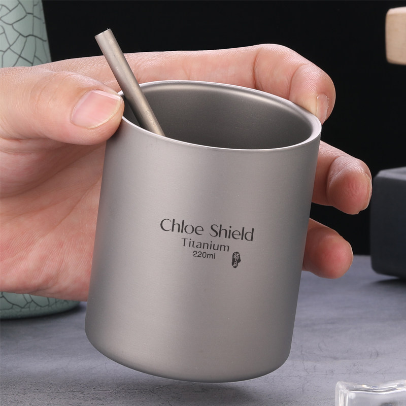 蔻盾户外纯钛杯子泡茶杯喝水咖啡杯便携双层直饮随手杯家用果汁杯