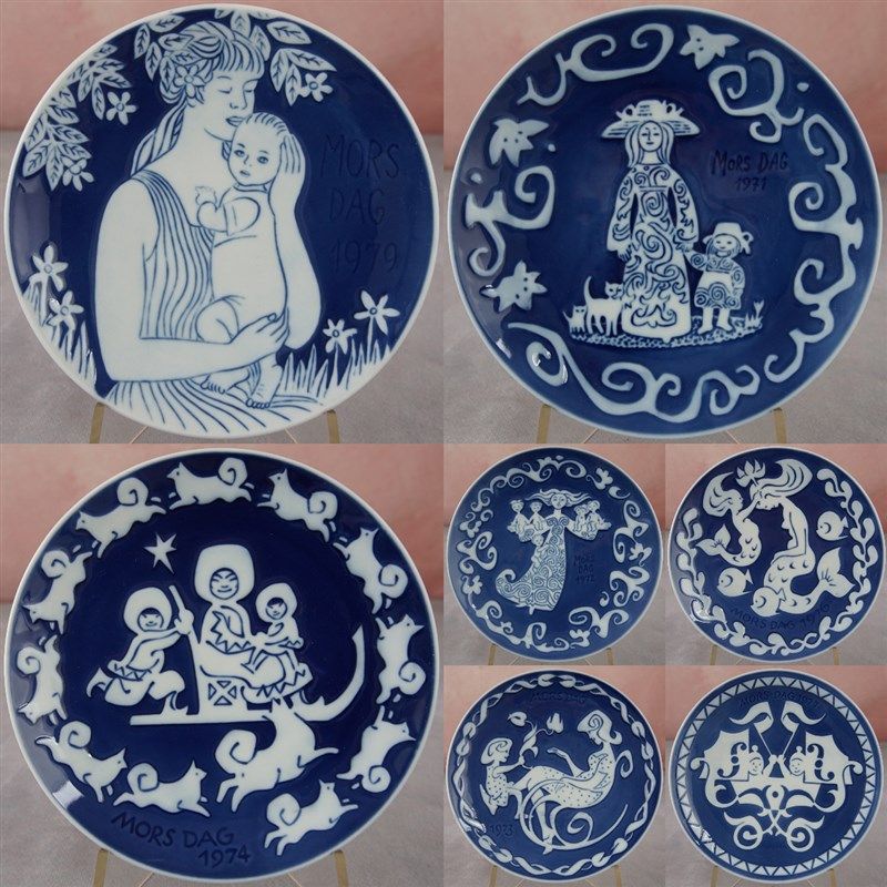 西洋收藏品 丹麦1971-79年母亲节主题蓝色陶瓷盘复古装饰摆盘摆件
