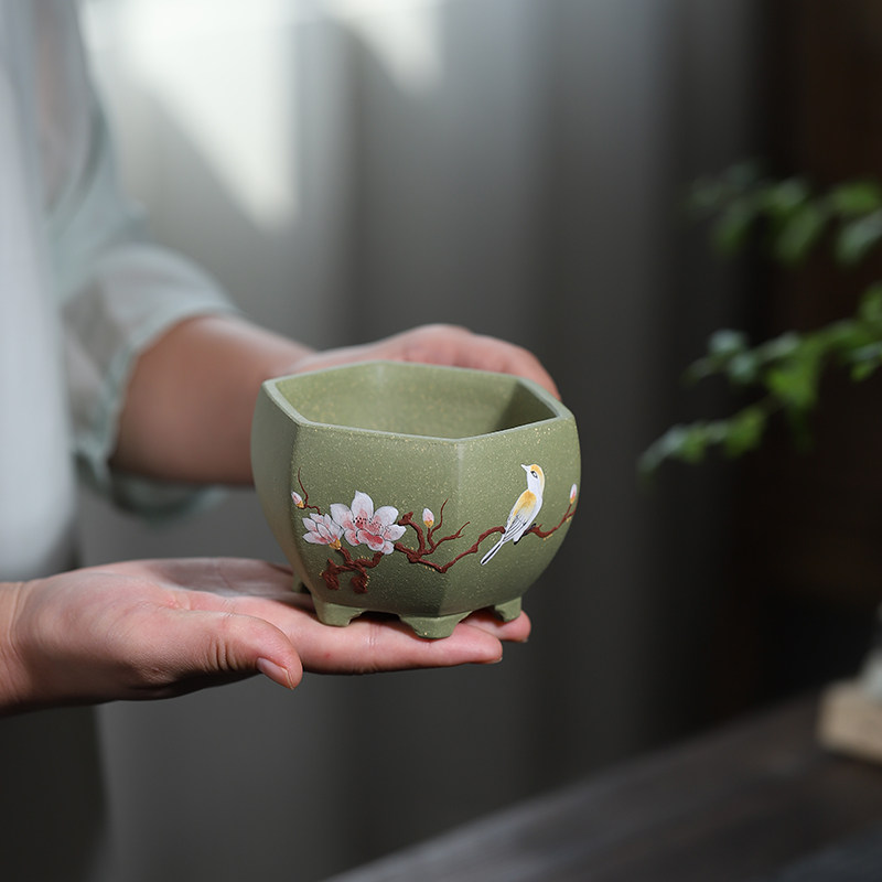 清香阁紫砂 手工果绿泥微型六方盆 桌面彩绘菖蒲多肉小绿植盆景花