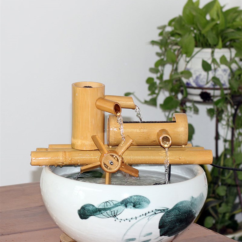 竹子流水过滤器摆件 鱼缸石槽造景 水轮水车加湿器 鱼缸流水