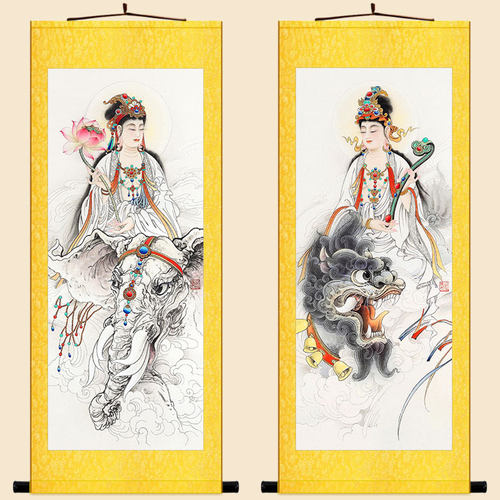 四大菩萨 普贤文殊菩萨画像 佛堂书房道场装饰画卷轴挂画来图定制