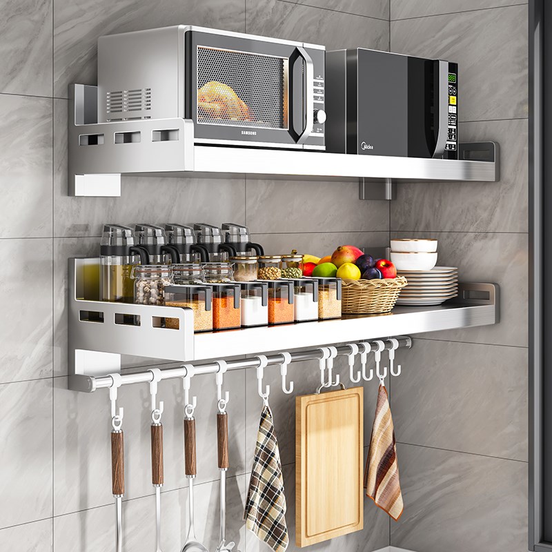 厨房不锈钢微波炉置物q架壁挂式多功能免打孔上墙家用调味料收纳