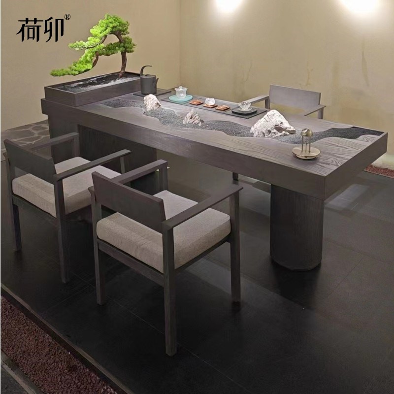 新中式茶桌椅组合原木办公室泡茶台茶桌禅意实木功夫茶台白蜡木