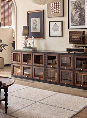 法式古风实木茶几电柜JPJ黑色美式客厅小户家型储物复古视落地柜