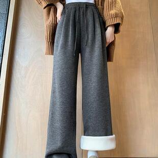 五季CAI家加羊羔绒糯IVU米裤女2秋2仿5年阔0季宽长松腿裤慵懒羊绒