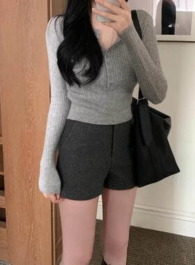 灰色女DLI毛呢高腰短全安裤秋冬韩穿版显瘦直WPR筒紧身子呢靴裤外