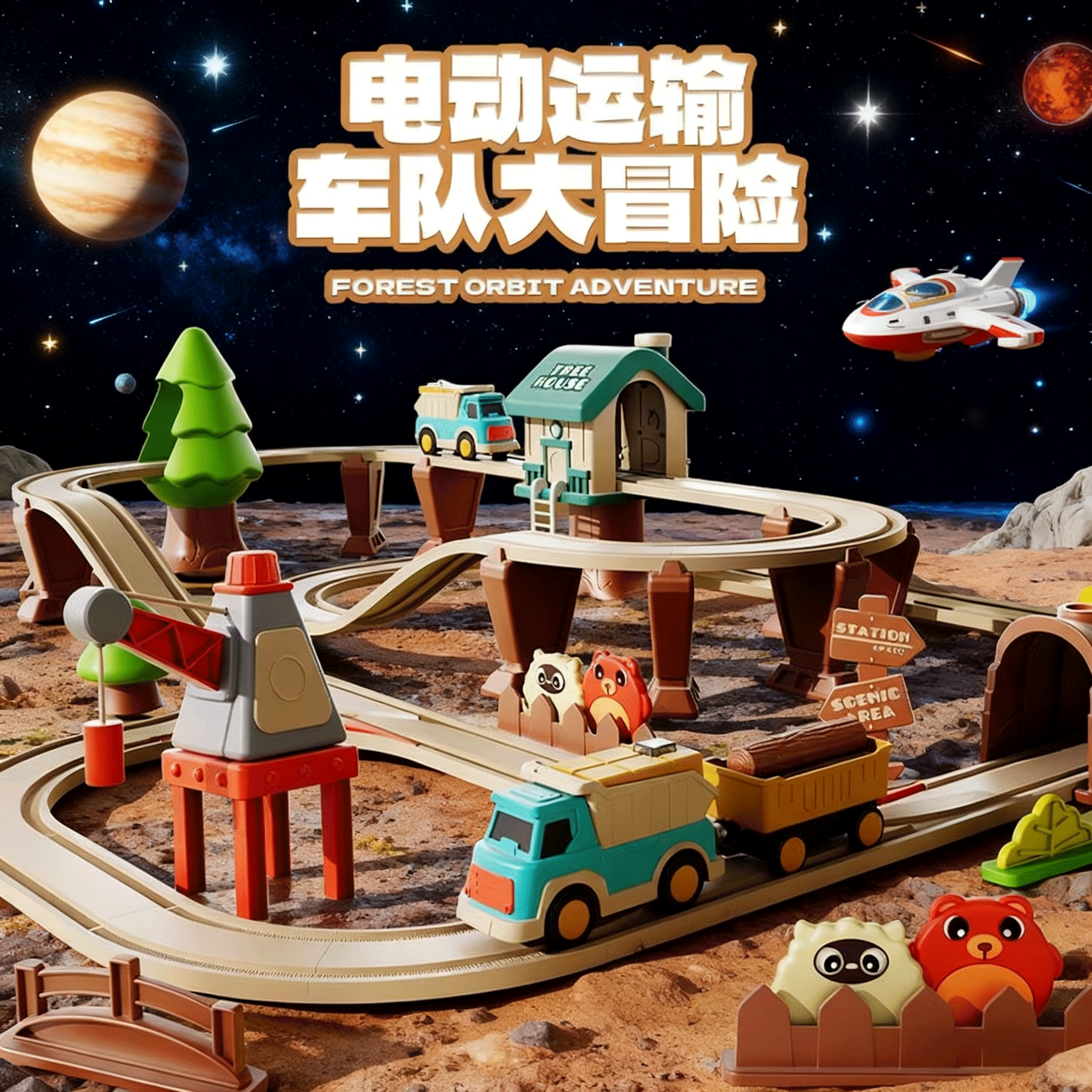 电动小火车轨道工程汽车环形立交运输车队大冒险儿童闯关益智玩具