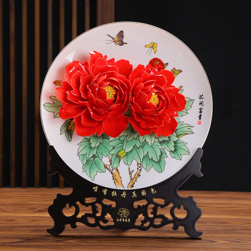 骨瓷洛阳牡丹瓷摆件n陶瓷博古架艺术客厅家用装饰挂盘结婚乔迁礼