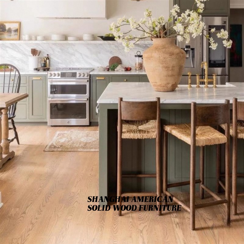 北欧实木藤编椅子民宿侘寂风餐椅咖啡厅餐厅靠背椅中古吧台椅绳编